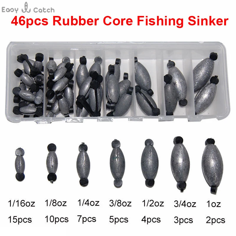 46pcs 7 Sizes Lead Fishing Sinker For Texas Rig Carp Fishing Rubber
