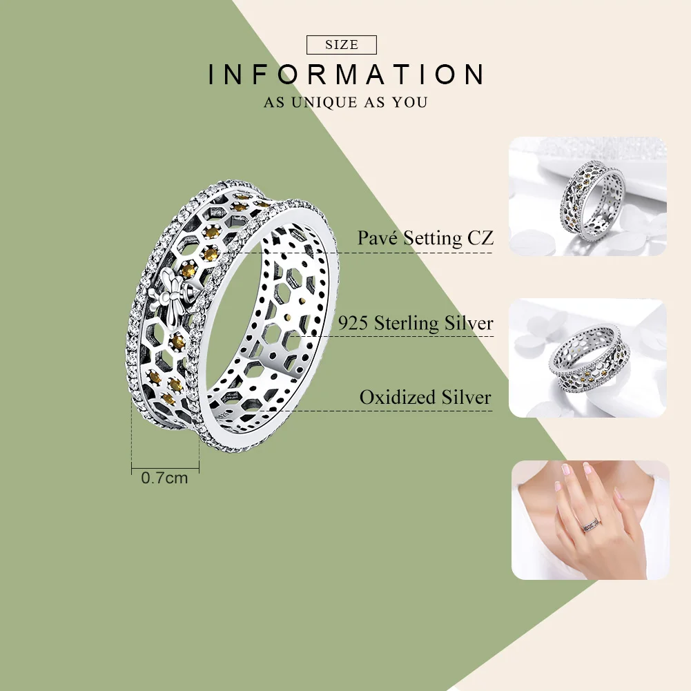 BAMOER Genuine 100% 925 Sterling Silver Trendy Bee & Honeycomb Clear CZ Finger Rings Engagement Wedding Jewelry Gift SCR391