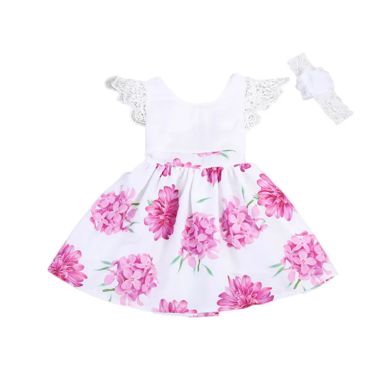 

Toddler Kids Baby Girls Flower Lace Sleeveless Mini Dress Headband 2PCS Set Princess Tulle Backless Wedding Party Dresses 2-7Y