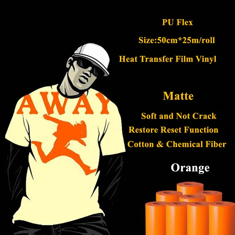 

PU Flex Heat Transfer Vinyl For Cotton Orange Color Matte Heat Press Vinyl Plotter Heat Transfer Film 50cm*25m/roll Cold Peel