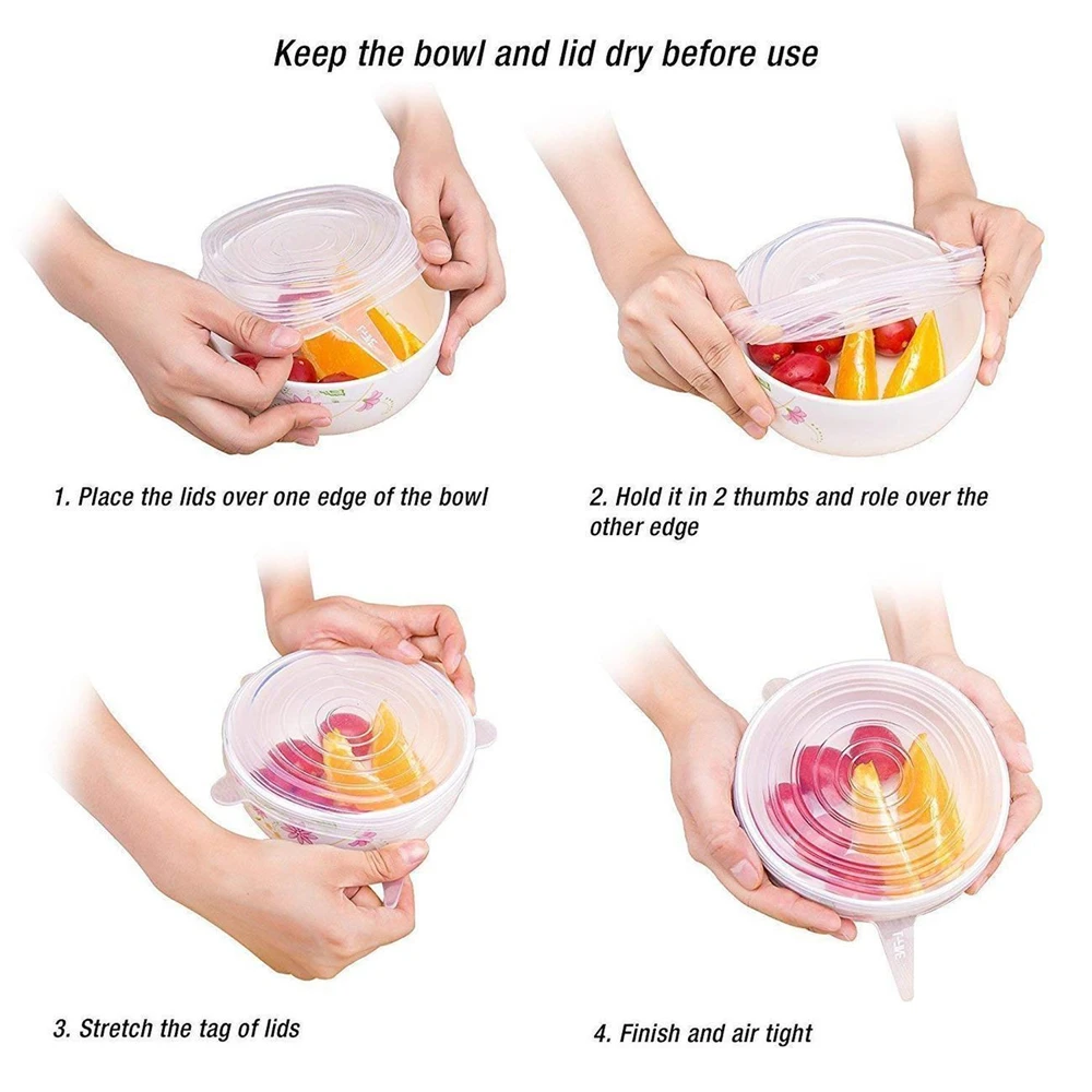 6PCS Reusable Silicone Stretch Lids Keep Fresh Food Kitchen Storage Wraps Cover