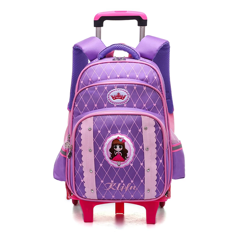 

Hot Girl Climbing Stairs Kids School Bags High Quality Trolley Schoolbag Travel Luggage Rolling Suitcase Cartoon Stationery Bag