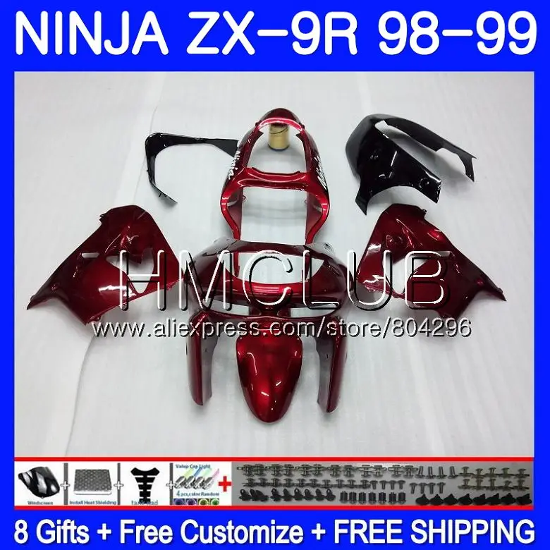 

Body For KAWASAKI NINJA ZX900 ZX9 R ZX 900 ZX-9R 98 99 43HM.1 900CC ZX 9 R ZX9R 98 99 ZX 9R 1998 1999 Fairing kit Wine red