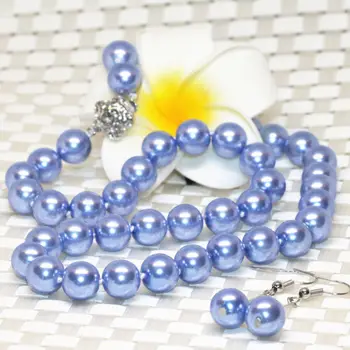 

8mm Blue Shell South Sea Shell Pearl Round Beads Necklace + Earrings Set AAA