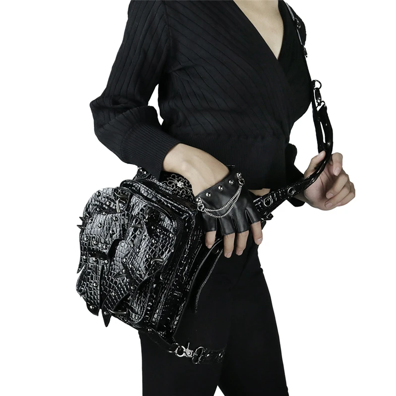 Модная Готическая лакированная Кожаная поясная сумка в стиле стимпанк Ретро Рок с заклепками, женская черная Яркая сумка из искусственной кожи, Мужская мотоциклетная сумка на ногу