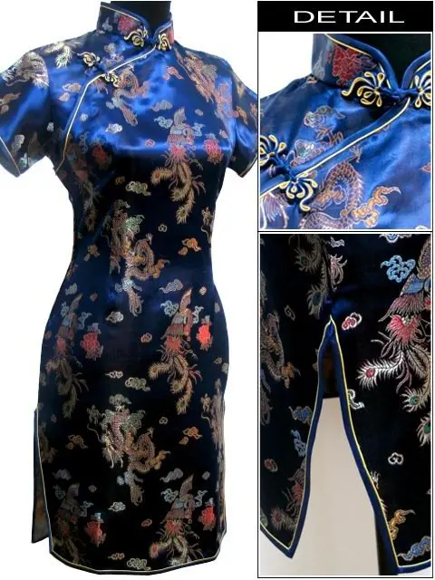 Винтаж Дракон и Феникс Qipao элегантное женское платье большого размера Cheongsam 3XL 4XL 5XL 6XL воротник стойка Сексуальное мини китайское платье Vestidos - Цвет: navy dragon phoenix