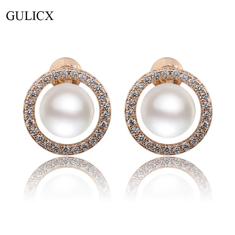 

GULICX 2017 Double Pearl Earring for Women Gold-color Stud Earing Circle Cubic Zircon Crystal Zirconia Wedding Jewelry E523