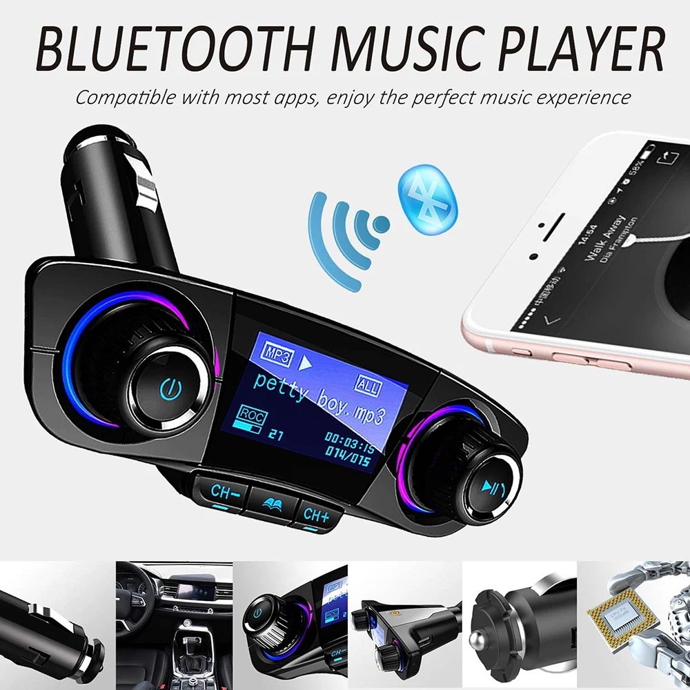 

Bluetooth FM Transmitter Car MP3 Player Hands-Free Car Kit Wireless Radio Audio Adapter with Dual USB 5V 2.1A USB Port U Disk