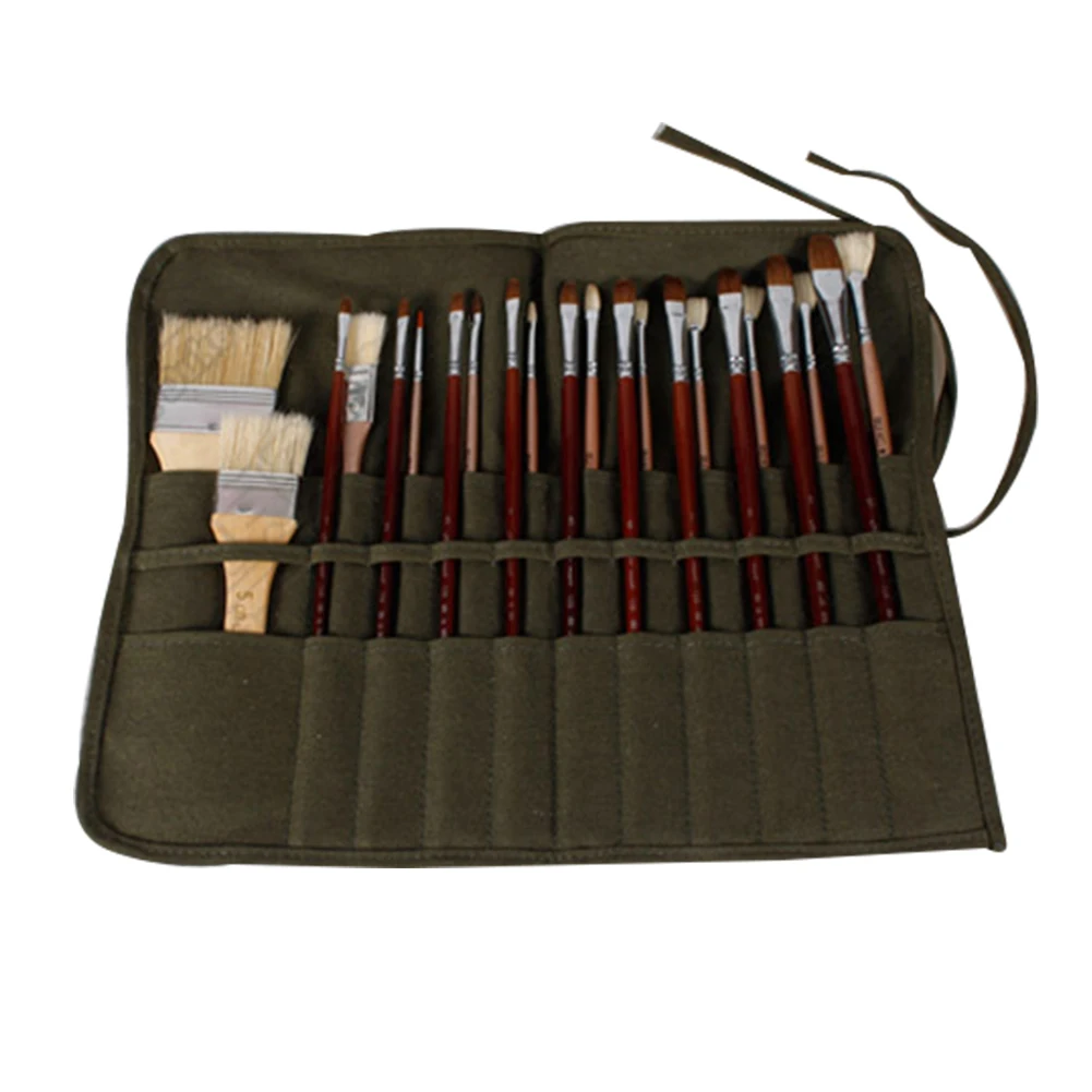 

For Artists For Oil Watercolor Pen Paint Stationery Canvas Pouch Art Supplies Brush Storage Army Green Paint Brush Bag