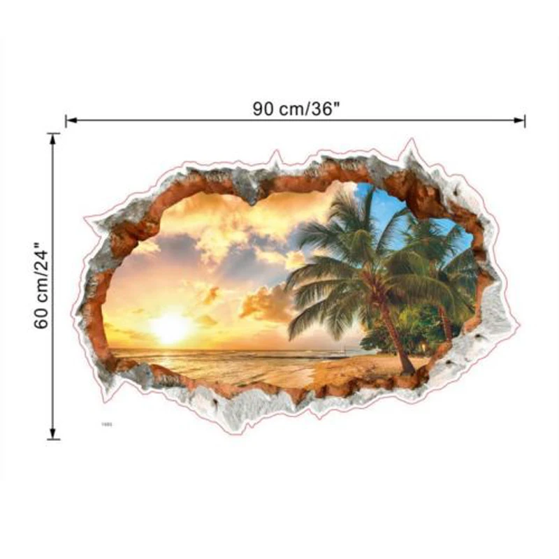 JX-LCLYL Removable Sunshine Beach 3D Window View Wall Art Sticker Vinyl Decal Mural Decor