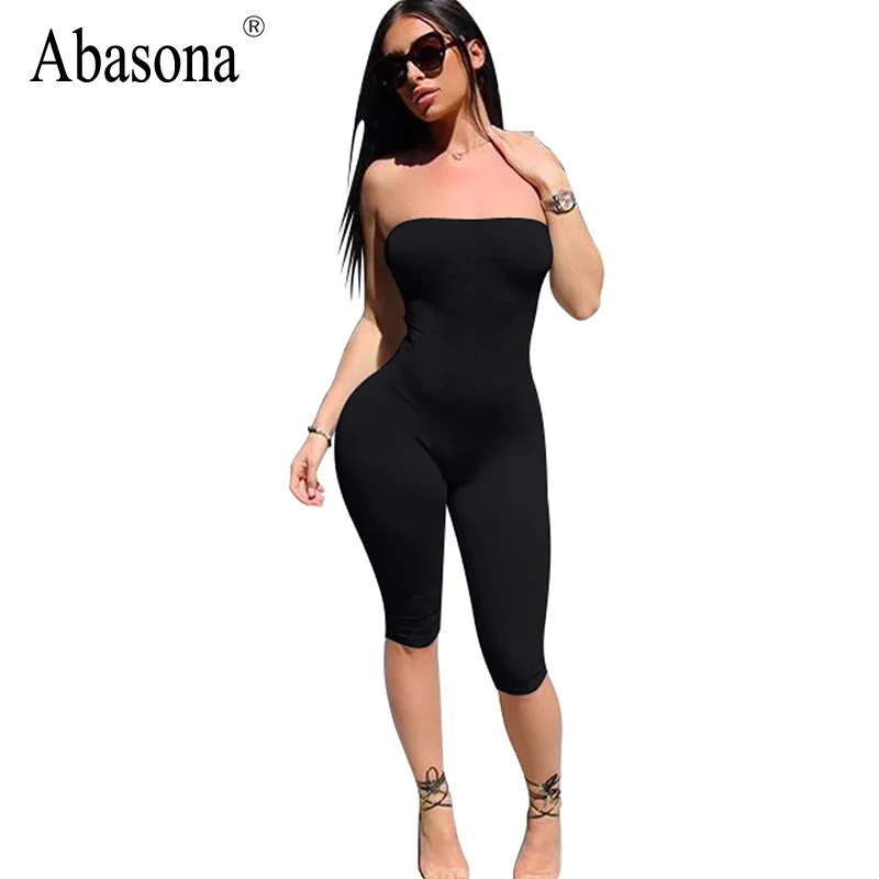 

Abasona Strapless black solid spandex playsuits Off shoulder summer shorts rompers womens jumpsuit backless female bodysuits