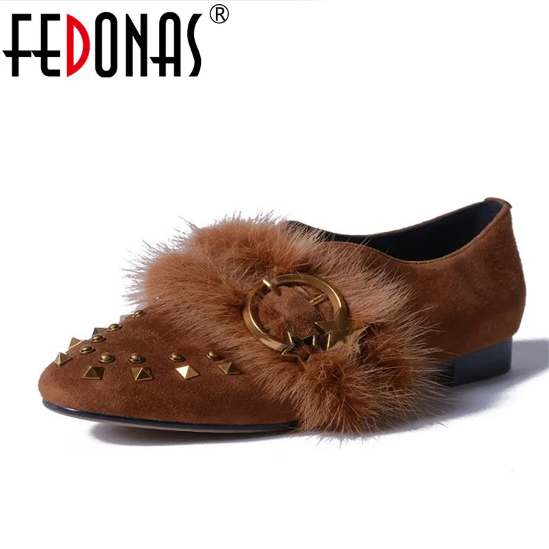

FEDONAS Retro Women Low Heeled Slip On Pumps Buckles Rivets Wedding Party Shoes Night Club Prom Pumps Ladies New Shoes Woman