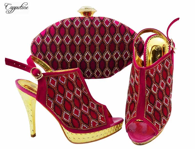 Amazing fuchsia thin high heel shoes and purse bag set with rhinestones