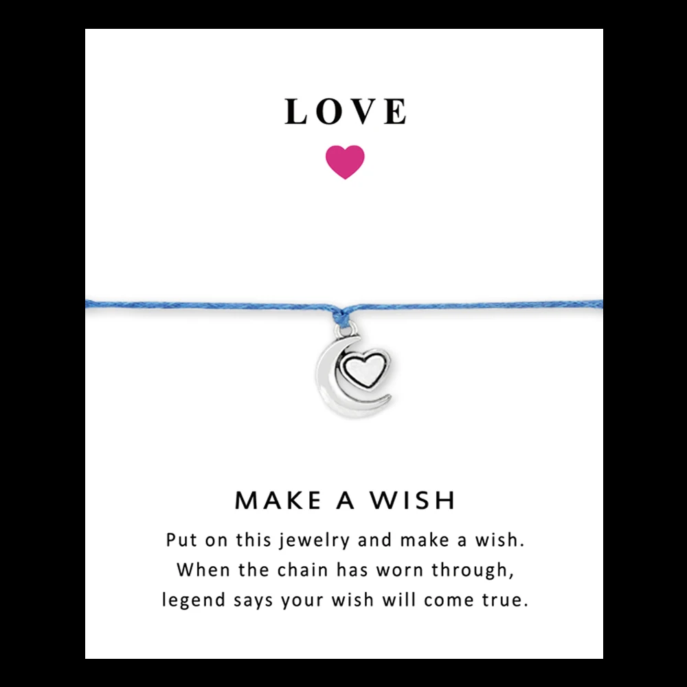 

Star Heart I Love You to the Moon and Back Charm Card Bracelets Blue Wax Cord Women Men Antique Silver Jewelry Friendship Gift