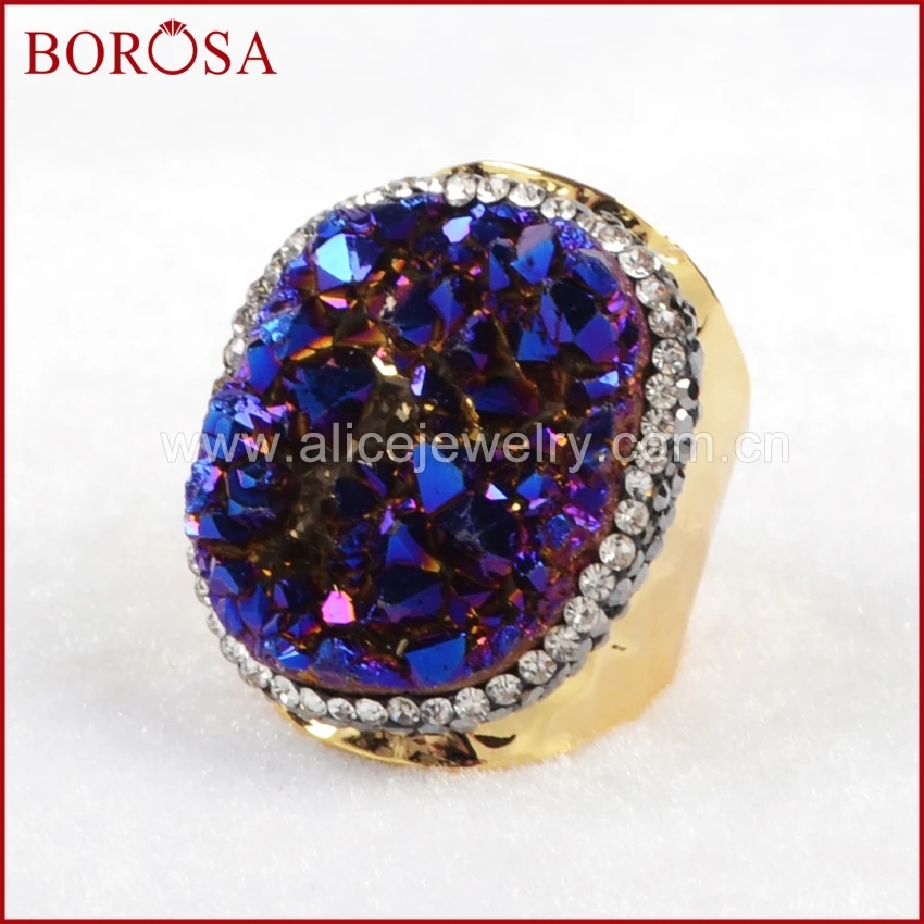 BOROSA Gold Color Rainbow Crystal Titanium Druzy Quartz Copper Ring Paved Zircon for Women JAB255