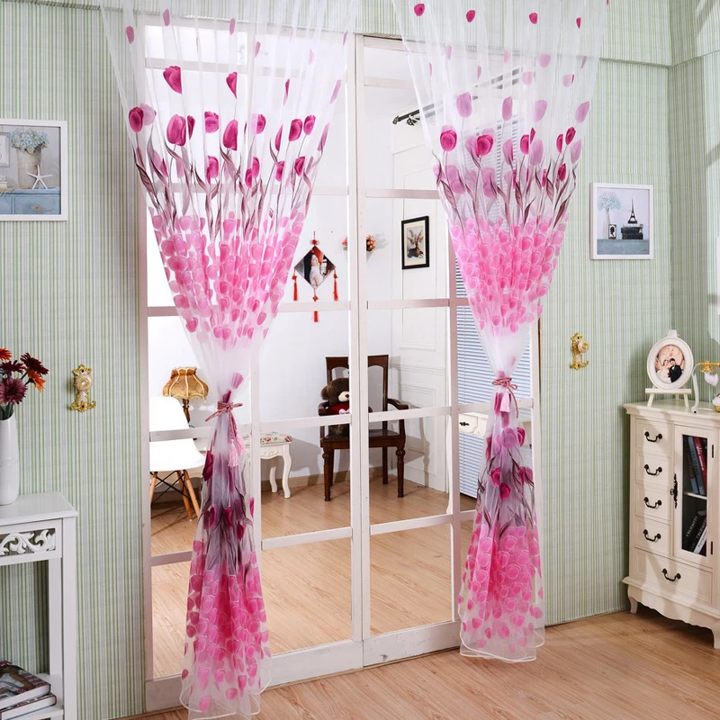 

Tulip Flower Pattern Printed Window Curtains Living Room Home Decoration Rod Pocket Process Voile Curtain 100*200CM