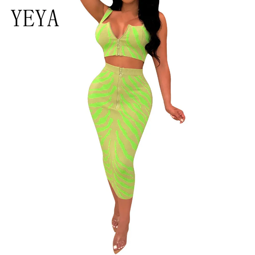 

YEYA Fashion Positioning Print Two Pieces Sets Slim Dress Sexy Sleeveless Zipper Top and Bodycon Pencil Dress Summer Retro Wear