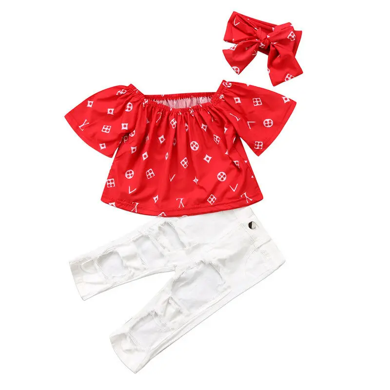 

Imcute Kids Baby Girls Off Shoulder Tops T Shirt Casual Hole Stretch Pants Outfit with Headband Children Clothing Set