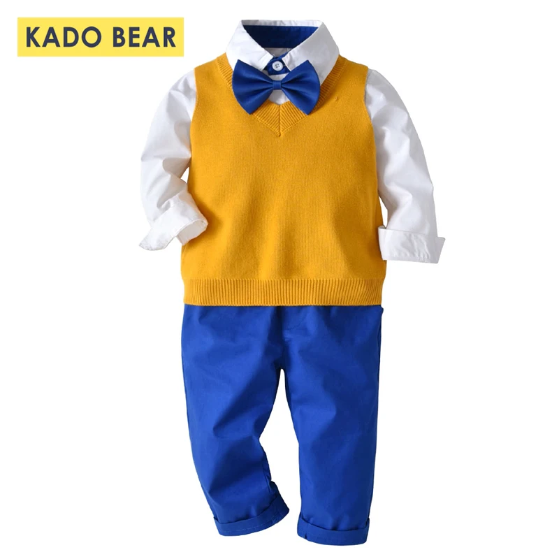 

Autumn Baby Boy White Shirts Toddler Boys Sweater Vest Kids Bow Party Outfits Winter Clothes Children Clothing Set Pants 4 PCS