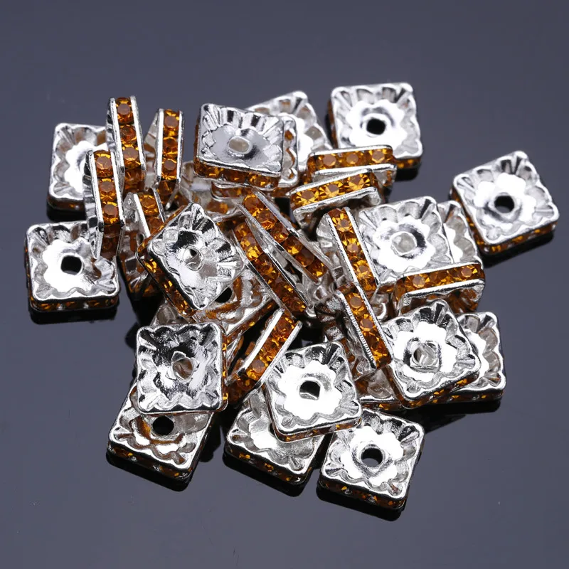 

100pcs 8mm square Silver Plated Crystal Rhinestone Interval bead Rondelle Spacer Beads per bag for jewelery making