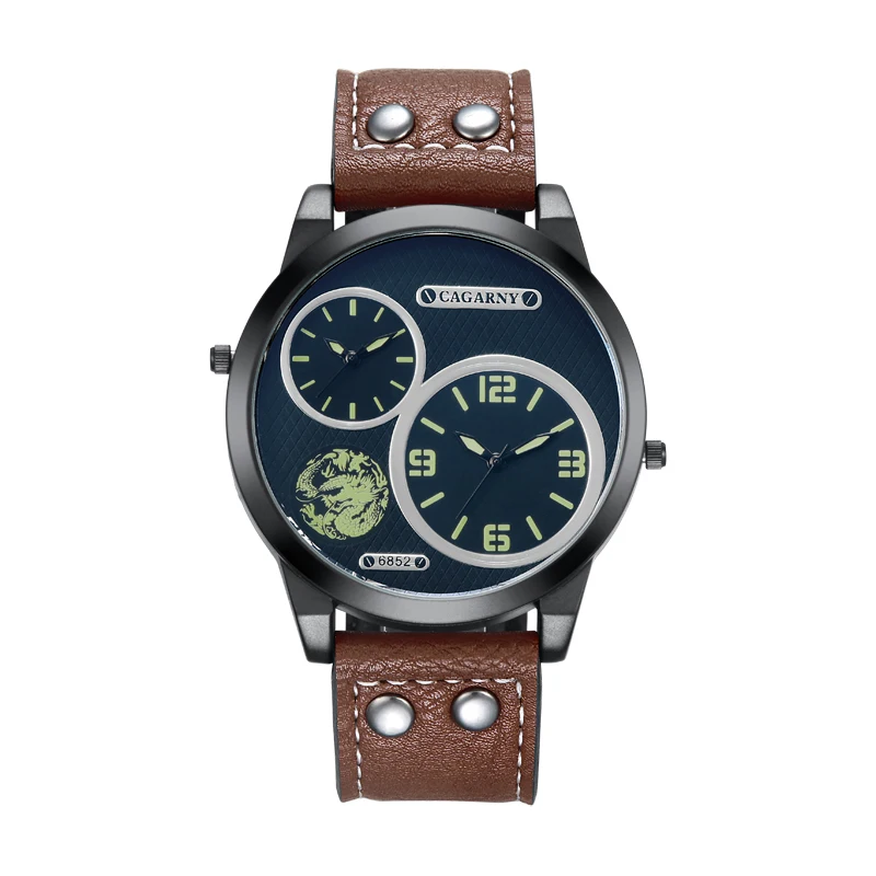 drop shipping cool big case men watches leather strap dual time zones sport mens quartz watch male clock dz style brave for men (8)