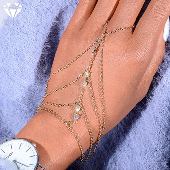 Hot Gold Bracelet Bangle Slave Chain Link Interweave Finger Ring Hand HarnessBvk