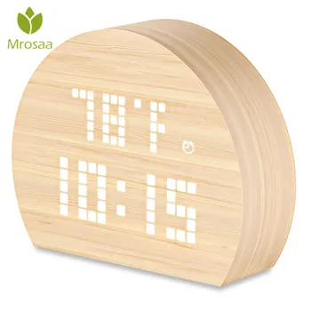 

Mrosaa Semicircle Wooden LED Digital Alarm Clock Voice Control Time Temperature Humidity Display Table clock for Home Decoration
