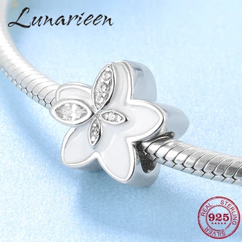 

New 925 Sterling Silver White Enamel Five petal flower Crystal CZ Beads Fit Original charms Pandora Bracelet Bangles Jewelry