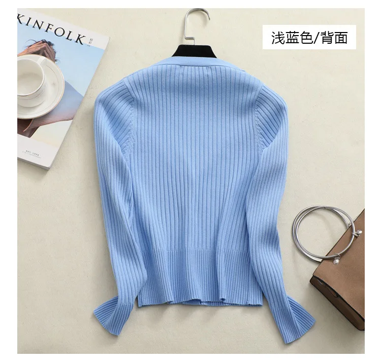 Women Slim V Neck Knitted Cardigan Long Sleeve Cropped Cardigan Sweaters Ladies Solid Shrugs for Women Short Cardigans Candy D76