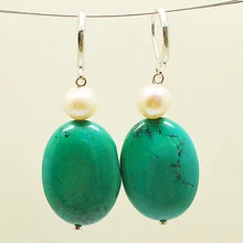 Подлинная белый цвет пресноводный жемчуг зеленый Turquoises стерлингового серебра 925 Висячие серьги, очаровательные женские Подарочные ювелирные изделия