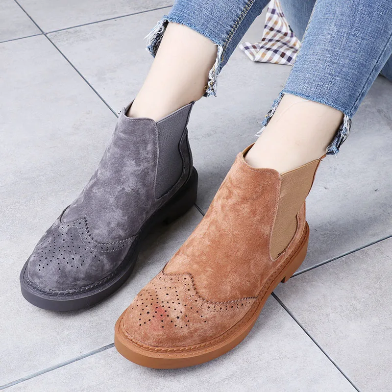 

Spring Carved Genuine Leather Women's Boots Martin Boots Women's Shoes Chelsea Boots Preppy Style Flat Heels Candy 12 Colors