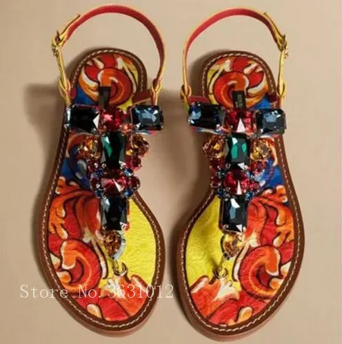 

2019 Newest Hot Red Print Leather Crystal Studs Diamond Slippers Summer Women Sandals Flats Flip Flops Shoes Woman Ankle Buckles
