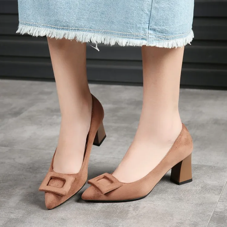 

Big Size11 12 13 ladies high heels women shoes woman pumps Suede tip, shallow high heel, thick heel, square buckle socket