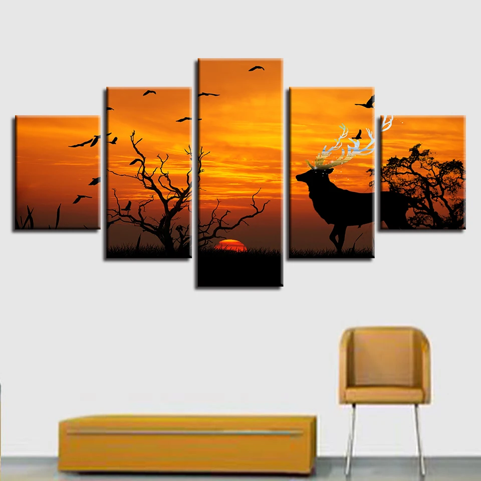 

Canvas Wall Art Home Decoration Painting Poster 5 Panel Animal Deer Landscape For Living Room Modern HD Printed Pictures Frame