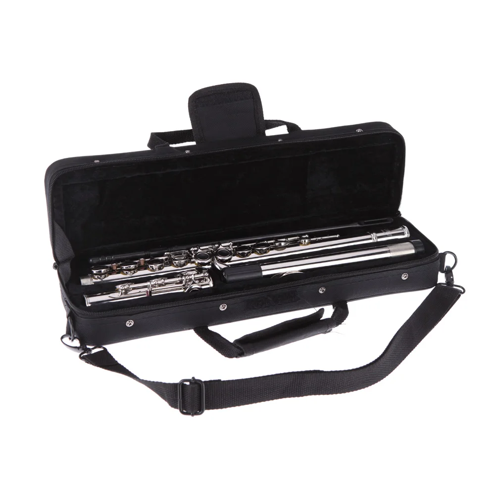 Western Concert Flute Silver Plated 16 Holes C Key Cupronickel Woodwind Instrument with Cleaning Cloth Stick Bag