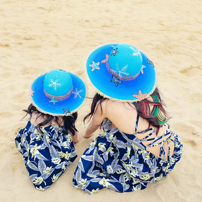 Модная ручная роспись Морская звезда Солнцезащитная Шляпа Пляжная летняя соломенная шляпа для маленьких девочек Солнцезащитная шляпа мама шапки для дочерей WT429