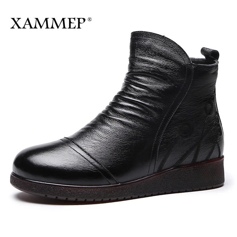 

Women Genuine Leather Boots Women Winter Shoes Ankle Boots Brand Women Shoes Winter Shoes Platform Plush Pleated Xammep