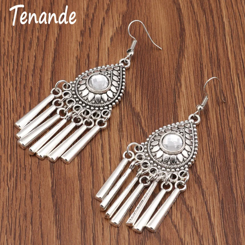 

Tenande Vintage Tribal Jewelry Crystal Water Droplets Dangle Earrings for Women Stripe Tassel Drop Earrings Femme Bijuterias
