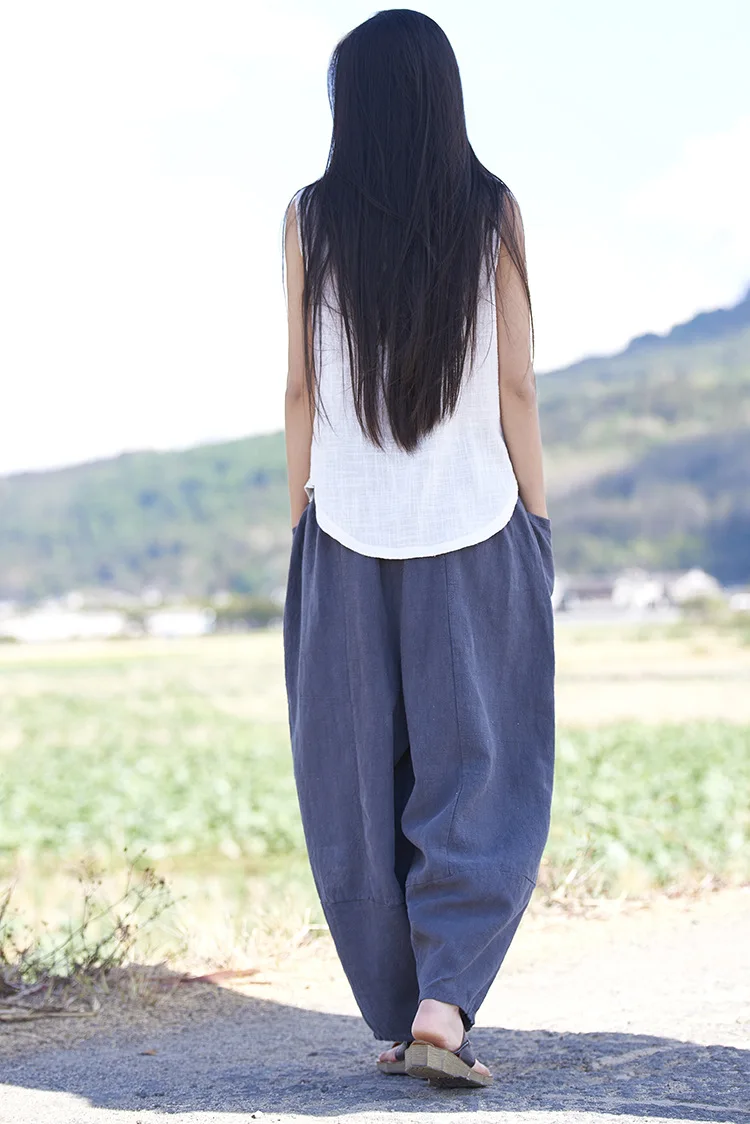 LZJN Baggy Pantalon Women Loose Ankle length Pants Linen Wide Leg Ladies Casual Sand Wash Summer Cool Baggy Trousers with Pocket (41)