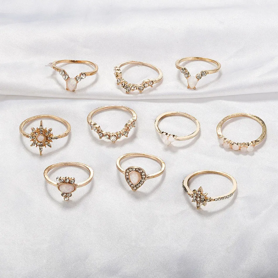 

10pcs Alloy Bohemian Vintage Rhinestone Ring Set Multi Element Crown Waterdrop Rings Set Party Jewelry Gift For Women Girl