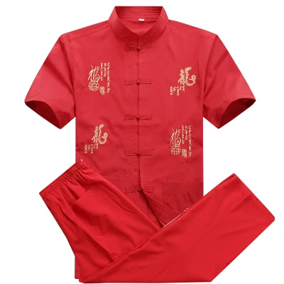 Традиционная китайская одежда для мужчин, брюки, мужской костюм Тан, кунг-фу, Бургундия, мужские топы с коротким рукавом tai chi, Брюс Ли, одежда - Цвет: 8806red