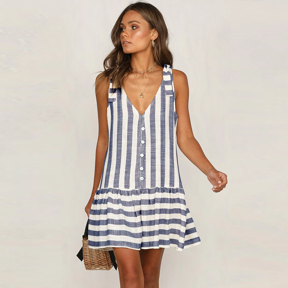 

Fashion summer blue dress Sleeveless Striped women dresses Spaghetti Strap holiday beach striped dress vestidos clothing D30