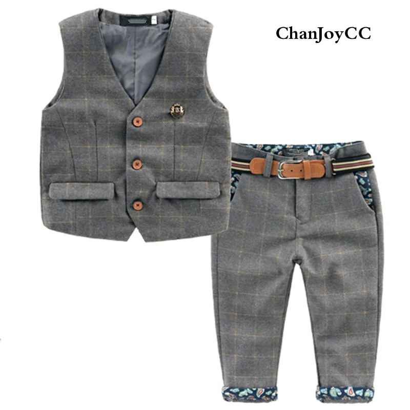 

2018Hot Sale Boy's 2pcs High Quality Sets Kid Gentleman British Style Suit Plaid Vest+ Pant With Waist Belt Two Pieces Clothing