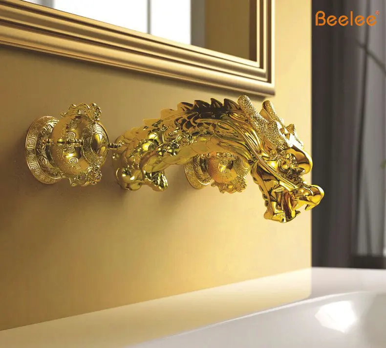 

Beelee Gold Colour Widespread Lavatory Sink Faucet Dragon Mixer Faucet Wall Mounted Dual Handles Basin Faucet