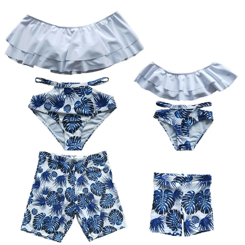 

2019 Summer Blue Leaf Print Mommy and Me Swimsuit Dad and Son beach Shorts Matching Swimsuit Mother and Daughter Family Look