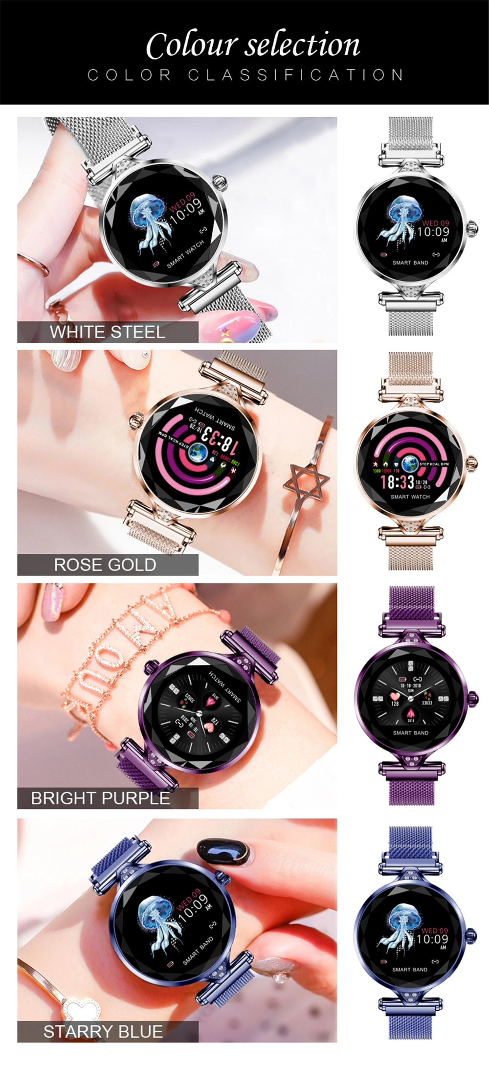 H1 леди Смарт-часы модные женские туфли часы-пульсометр Фитнес трекер женские умные часы Bluetooth Водонепроницаемый умный браслет