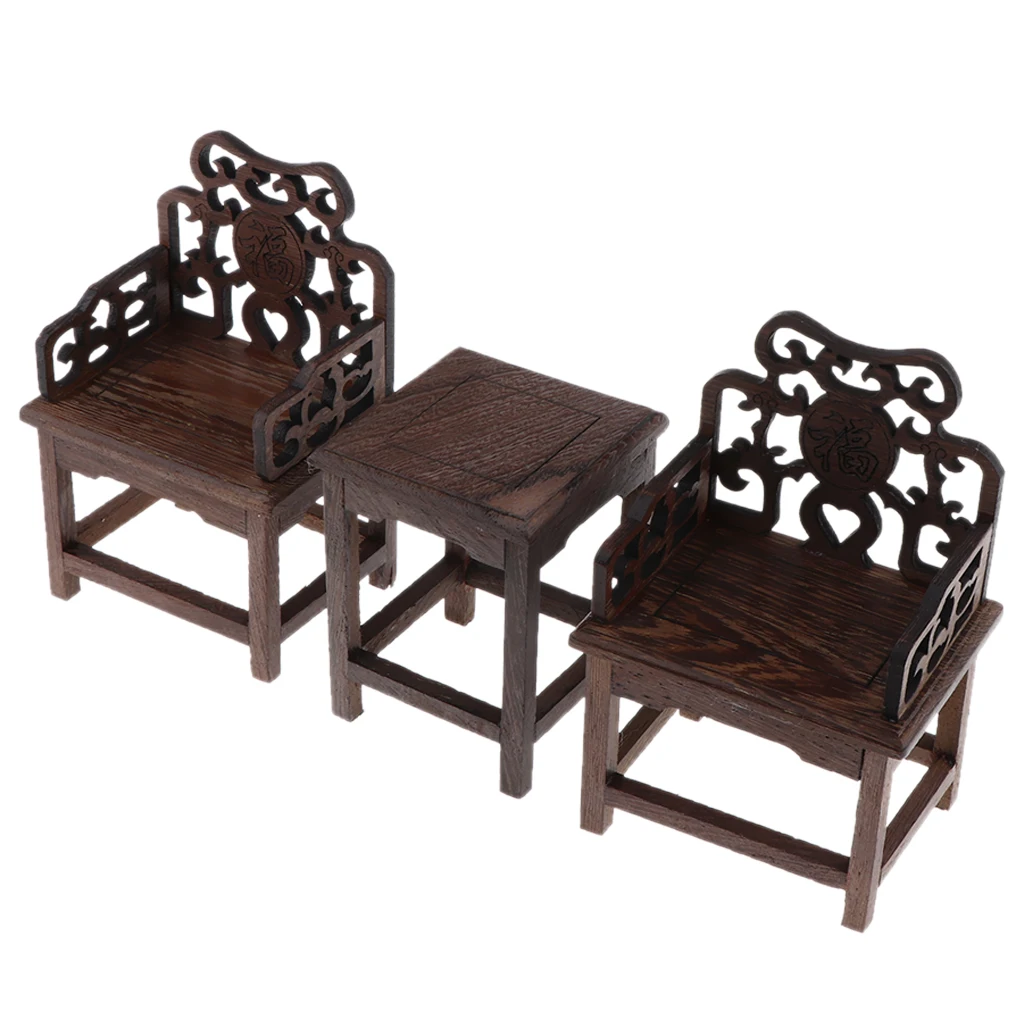 Mini Vintage Style Furniture Set, 1 Table and 2 Armchairs for 1/6 Dollhouse Dark Wood Tone, A