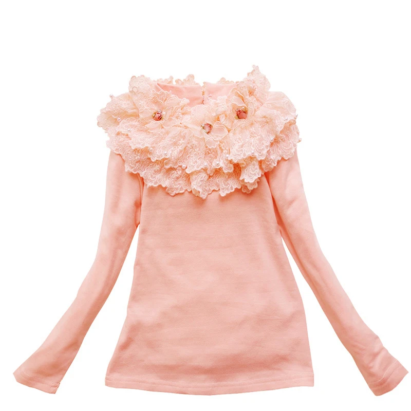

Autumn Girls School Blouses Children Cotton Bottom Shirt Kids Lace Patchwork Knitting Princess Clothes for 4y-12y