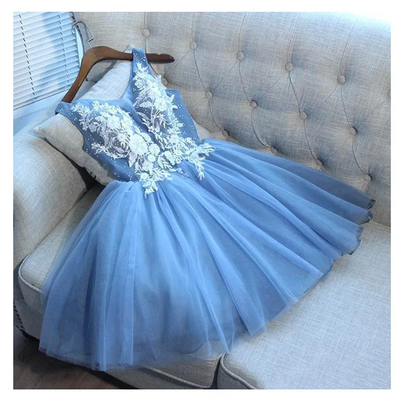 

Sky Blue Short Homecoming Dresses 2019 Appliques Lace Top Mini Prom Gowns Above Knee Evening Party Dresses Custom Made