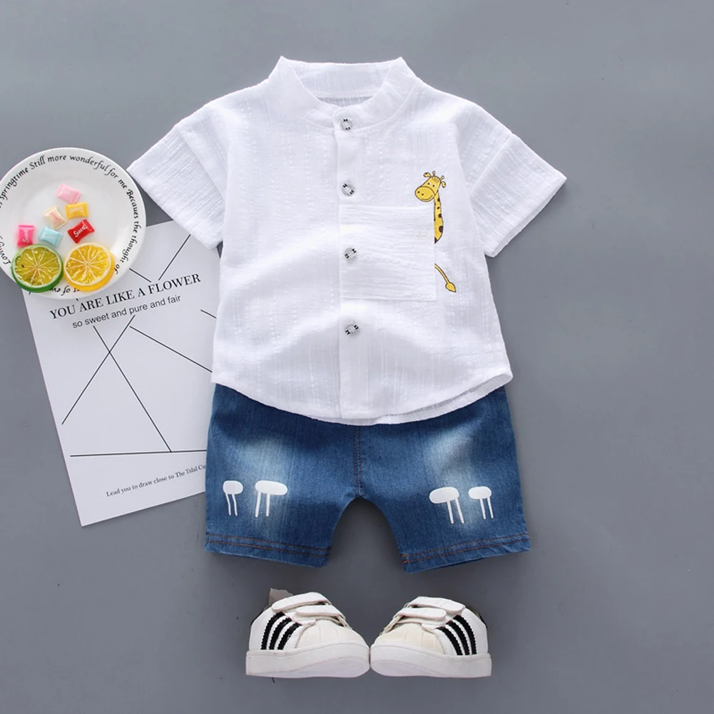 Pudcoco-vêtements pour bébés garçons | Hauts courts en Denim, couleur unie, mignons girafe, 2 pièces, vêtements d'été